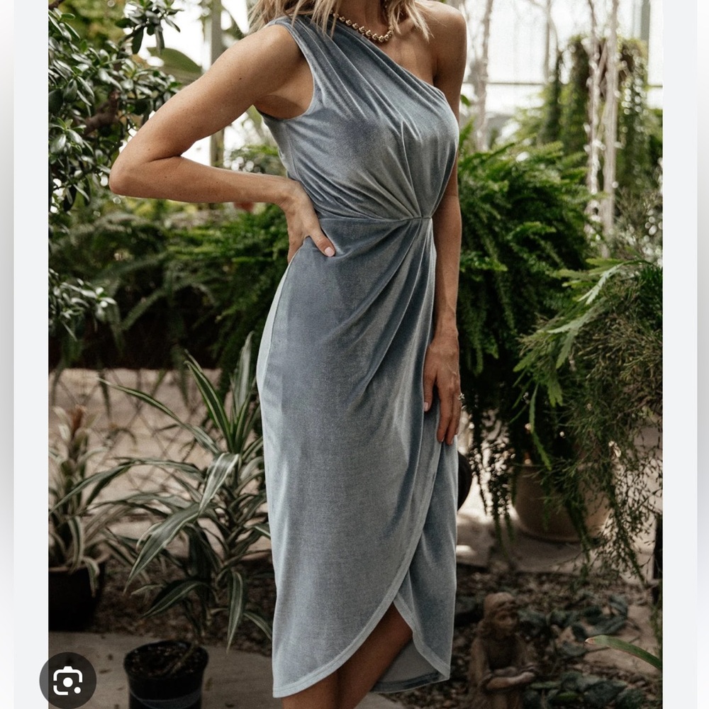 Elegant One-Shoulder Dusty Blue Velvet Dress